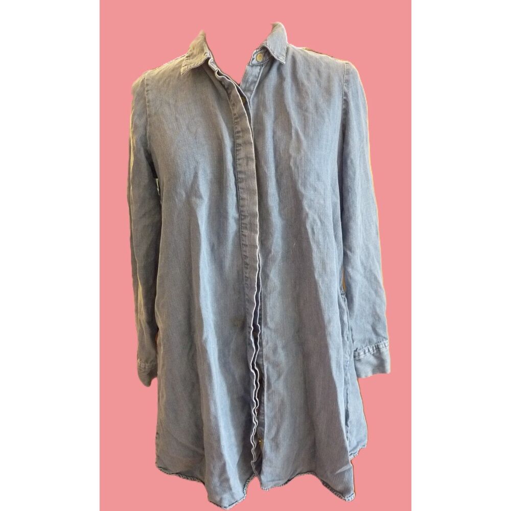 Joan Vass Loose Cut Tencel Chambray Denim Button Down tunic mini dress classic M